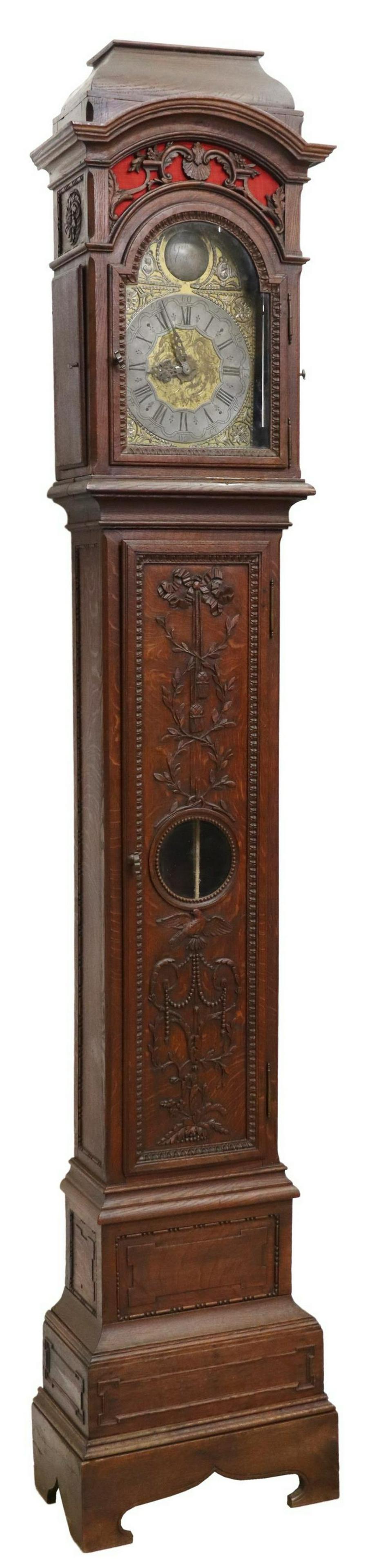 LIEGE CARVED OAK LONGCASE CLOCK, 19TH C. (1 of 6)