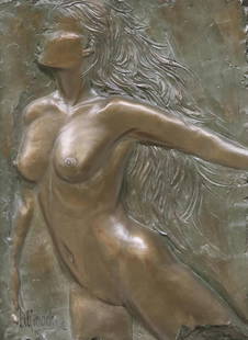 BILL MACK (B.1944) FEMALE NUDE SCULPTURE 'SPIRIT': Framed bonded bronze bas relief wall sculpture, "Spirit", signed lower left Bill Mack (Minnesota, b.1944), numbered 51/65, sculpture: approx 31"h, 23"w, overall: approx 42.25"h, 34"w, 23.25lbs total S