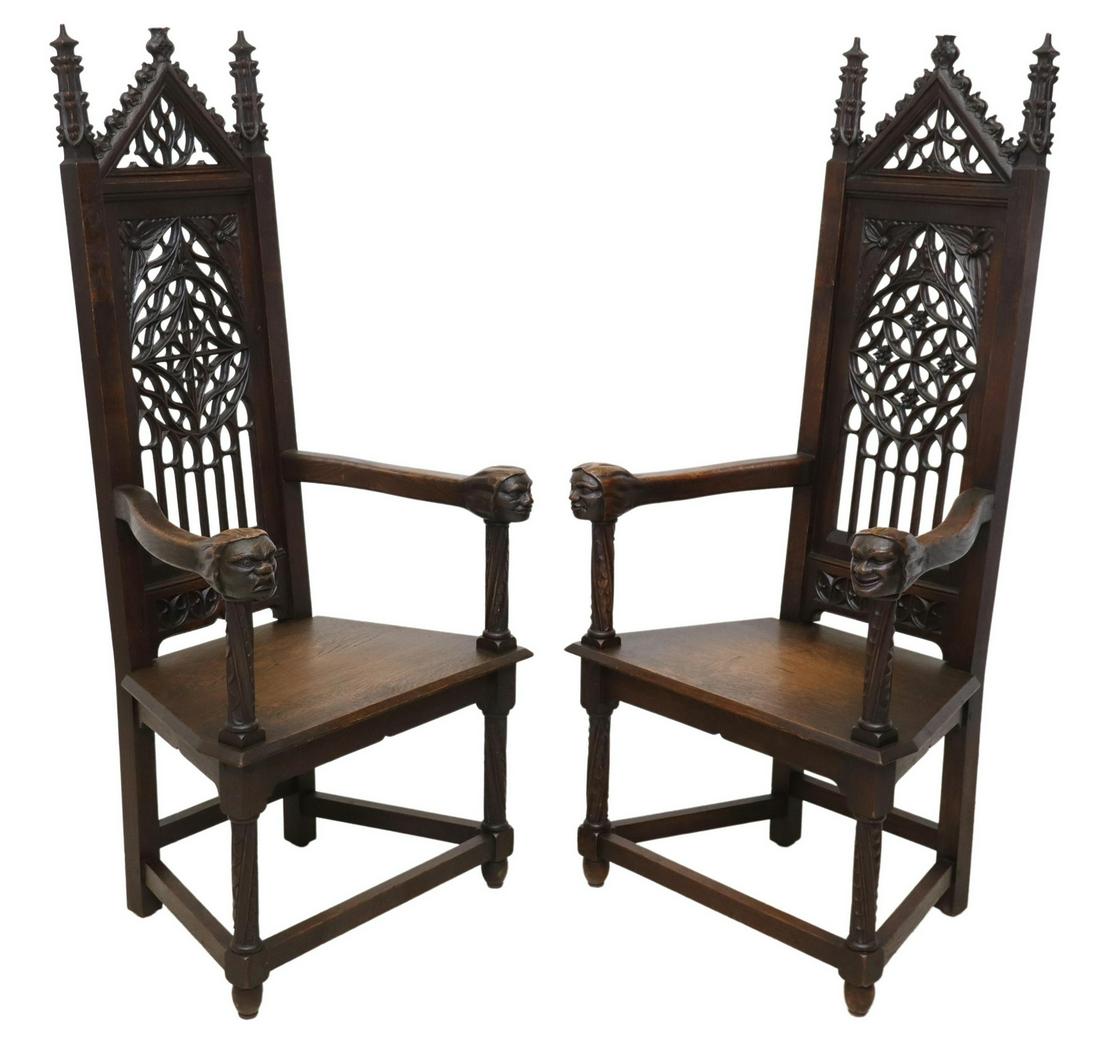 (2) FRENCH GOTHIC REVIVAL CARVED OAK THRONE CHAIRS (1 of 3)