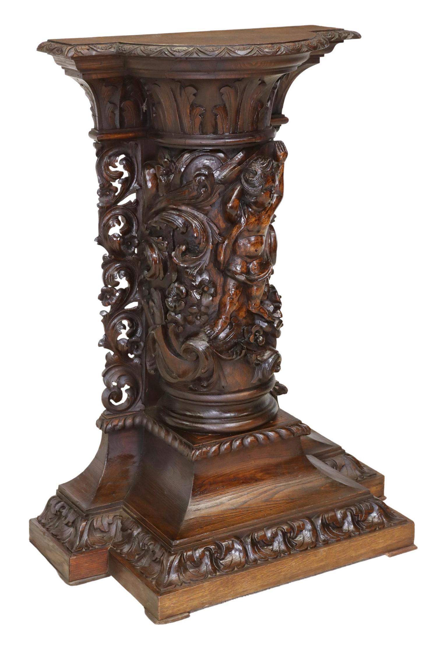ARCHITECTURAL CARVED OAK PUTTO PEDESTAL (1 of 4)