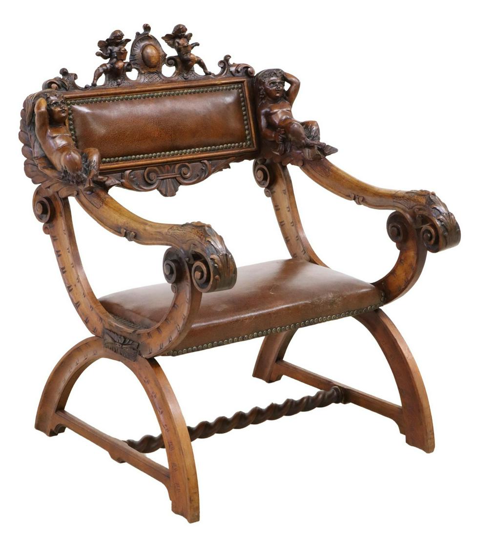 RENAISSANCE REVIVAL SATYR CARVED WALNUT ARMCHAIR (1 of 4)