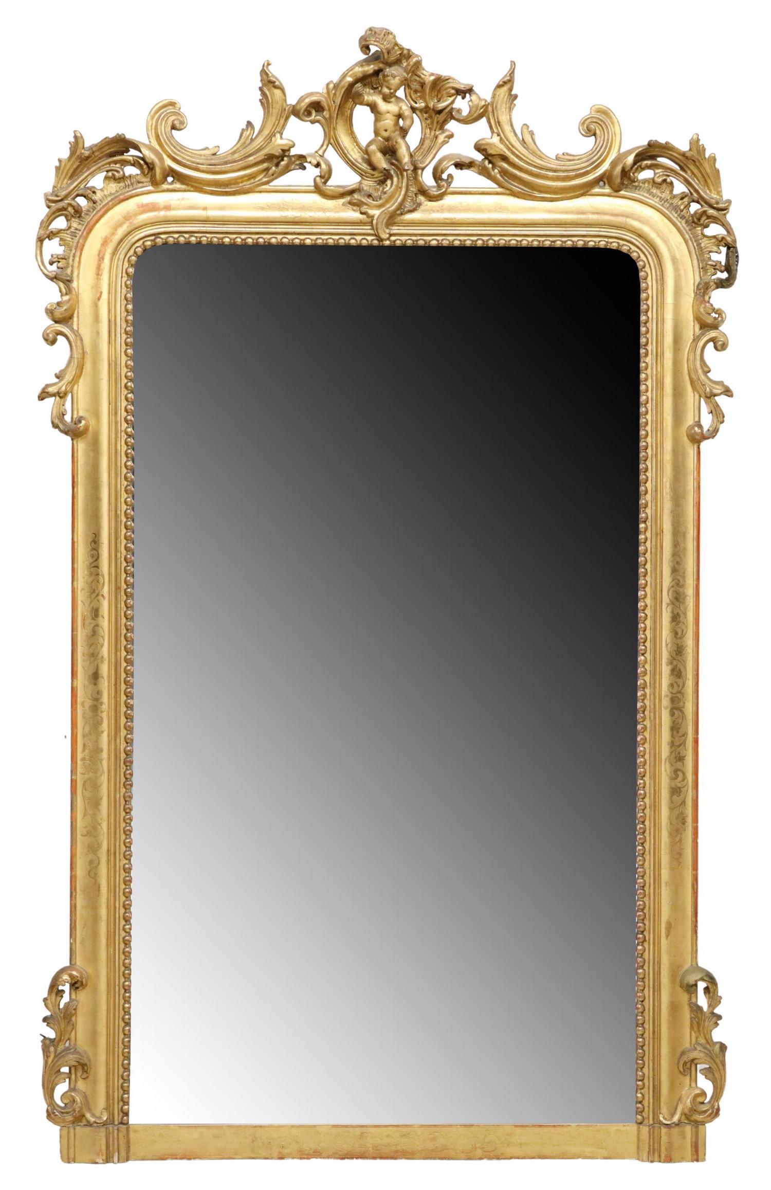LOUIS XV STYLE GILTWOOD CHERUB MIRROR, 72" X 44" (1 of 3)