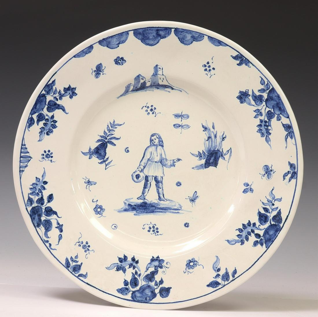 GIUSEPPE MAZZOTTI ALBISOLA MAJOLICA CHARGER: Italian blue and white majolica charger, marked G. Mazzotti Albisola, C.R 80, decorated with a central figure, surrounded by foliate motifs, approx 13"diam, 2.75lbs Start Price: $80.00