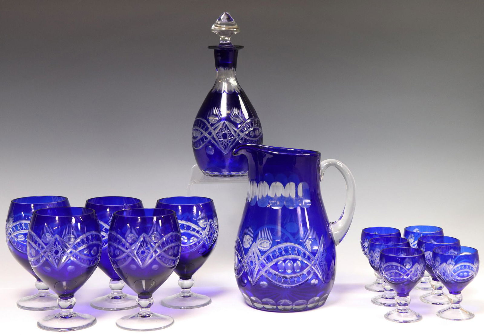 (13) BOHEMIAN COBALT CUT TO CLEAR DRINKS SET (1 of 3)