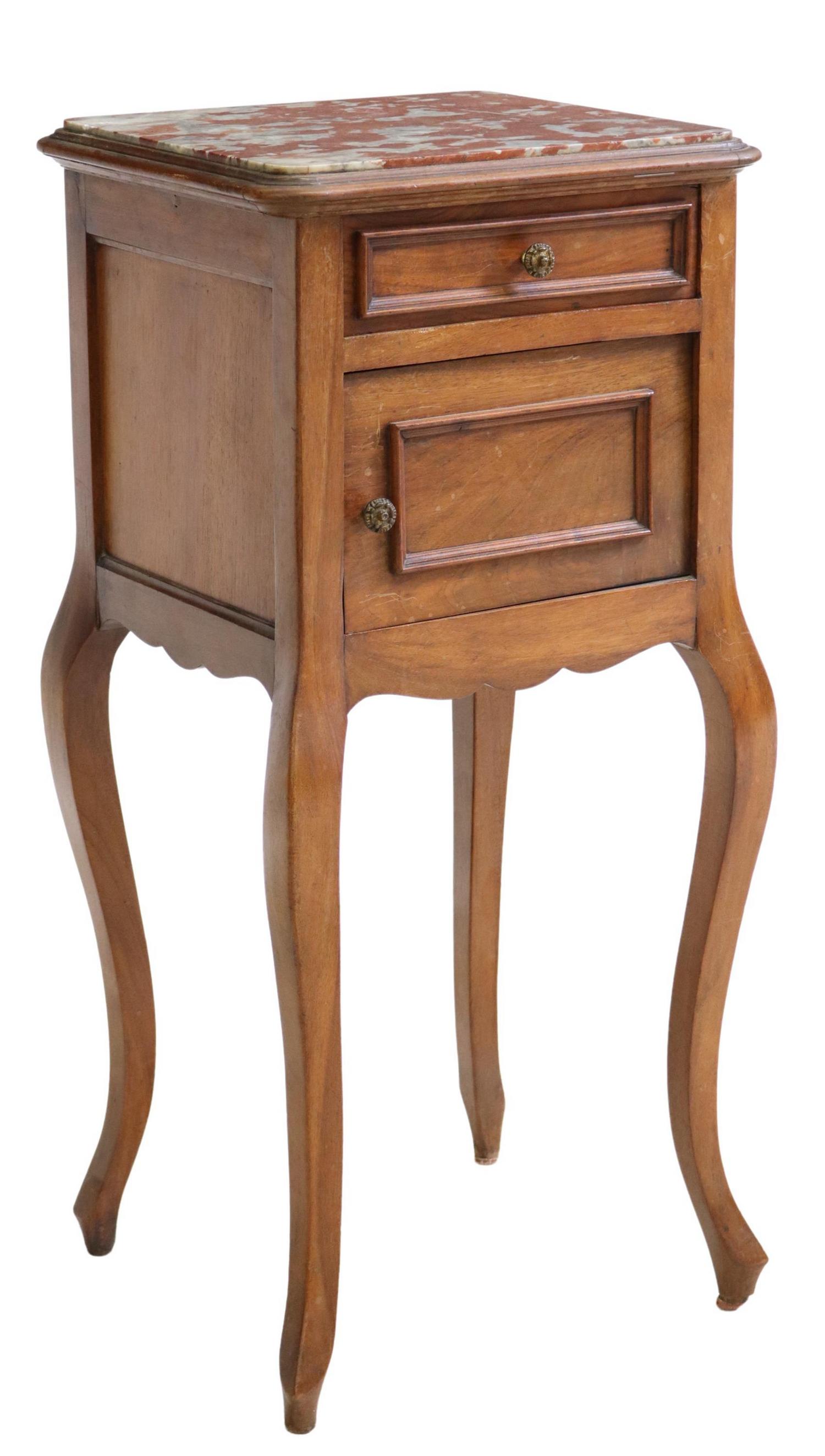 LOUIS XV STYLE MARBLE-TOP WALNUT BEDSIDE CABINET: Louis XV style walnut bedside cabinet, early 20th c., inset marble top, drawer over cabinet door, porcelain liner, rising on cabriole legs, approx 35"h, 16"w, 15"d Start Price: $80.00