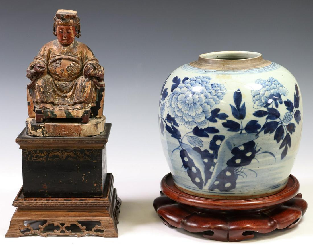 (2) CHINESE CARVED FIGURE & PORCELAIN MELON JAR (1 of 4)