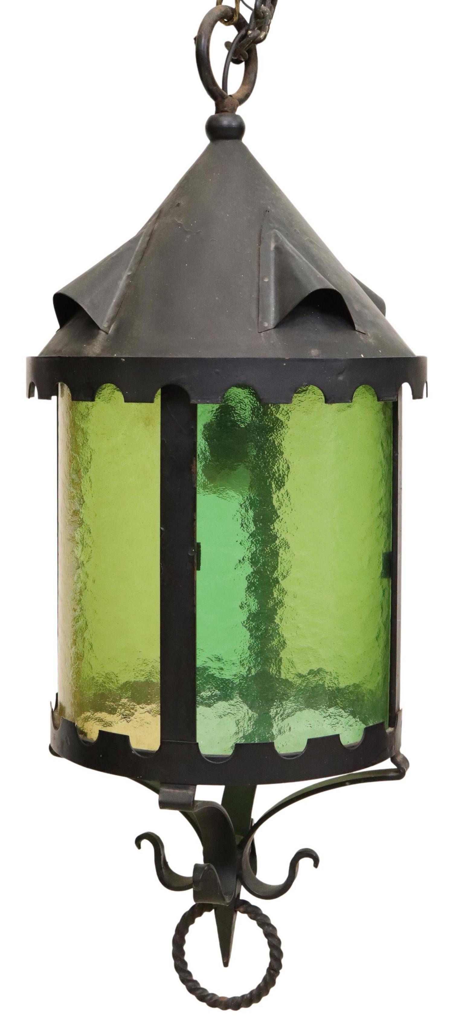 CONTINENTAL STAINED GLASS & IRON HANGING LANTERN (1 of 3)