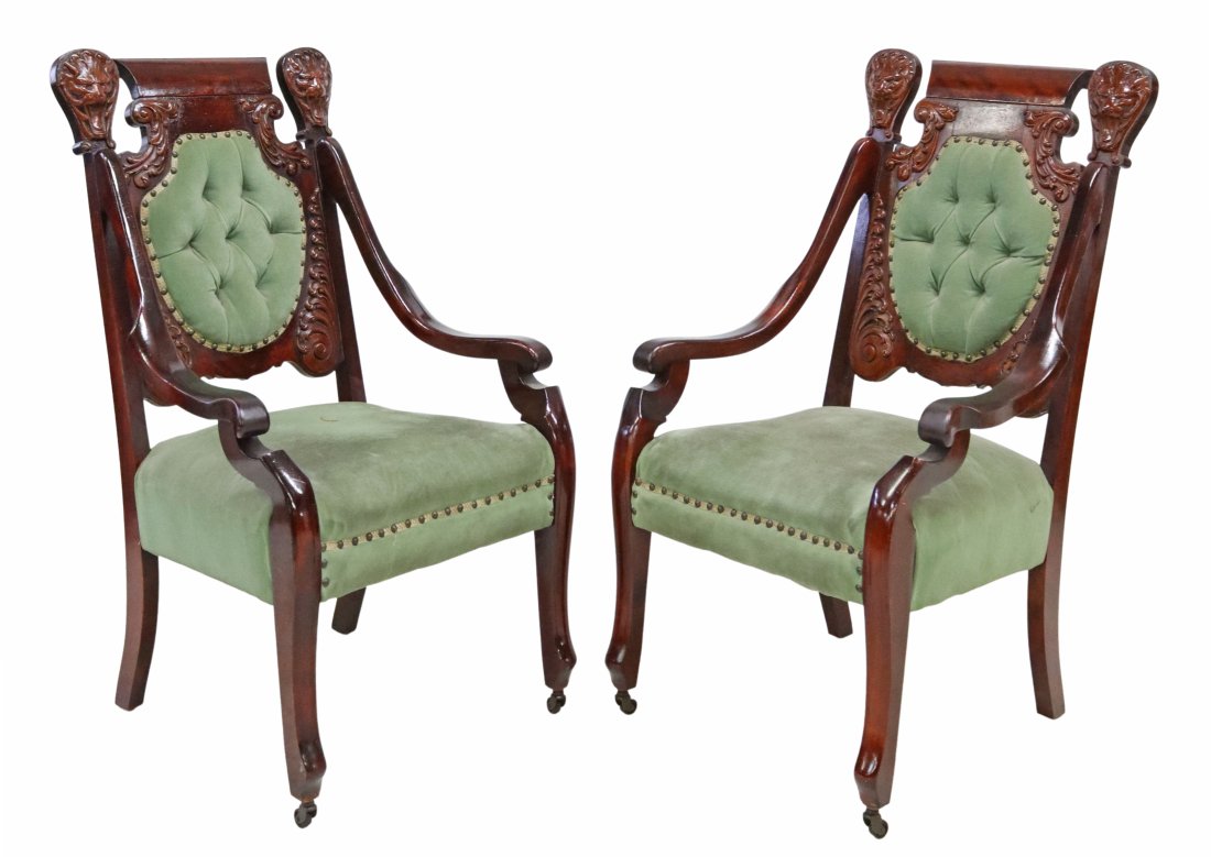 (2) VICTORIAN CARVED & UPHOLSTERED OPEN ARMCHAIRS (1 of 4)