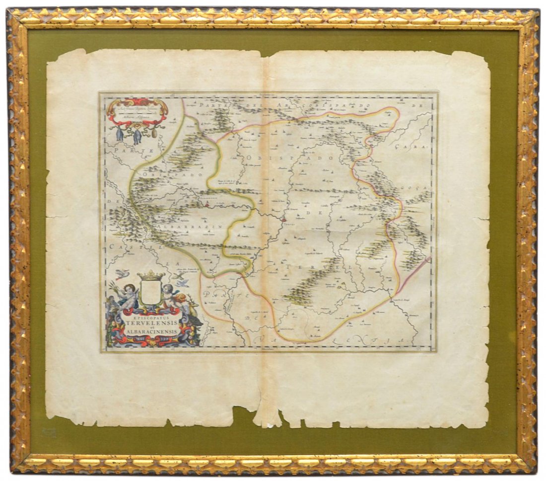 ANTIQUE SPANISH MAP, JOHANNES BLAEU, 17TH C.: "Episcopatus Tervelensis et Albaracinensis" a regional map of Spain, 17th c., Johannes Blaeu (Dutch, 1596-1673), hand colored figural cartouche at lower left, center fold mark, tears at edges, sight w