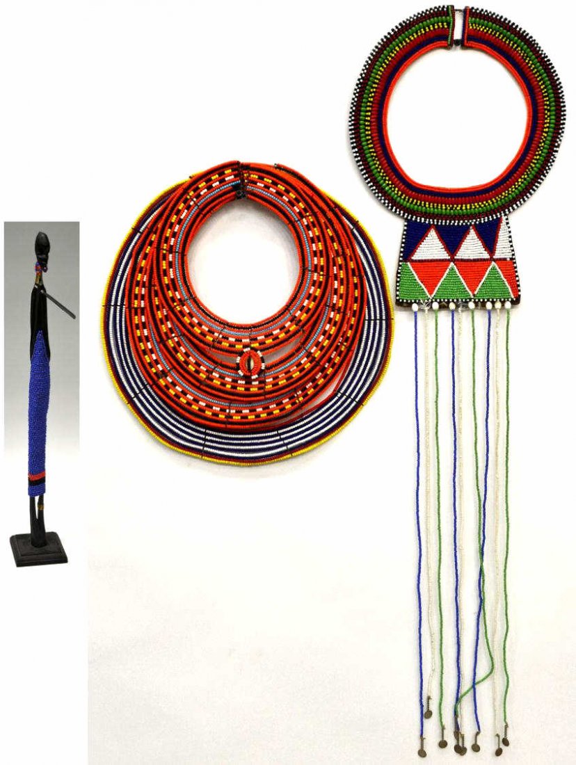 (5) AFRICAN BEADWORK NECKLACES & BEADED FIGURE: (lot of 6) Vintage African multi-color beadwork necklaces / collars, Masai tribe, Kenya, bright beads on circular wire frames: (1) elaborate collar with beads of varied size and form, the extended bib