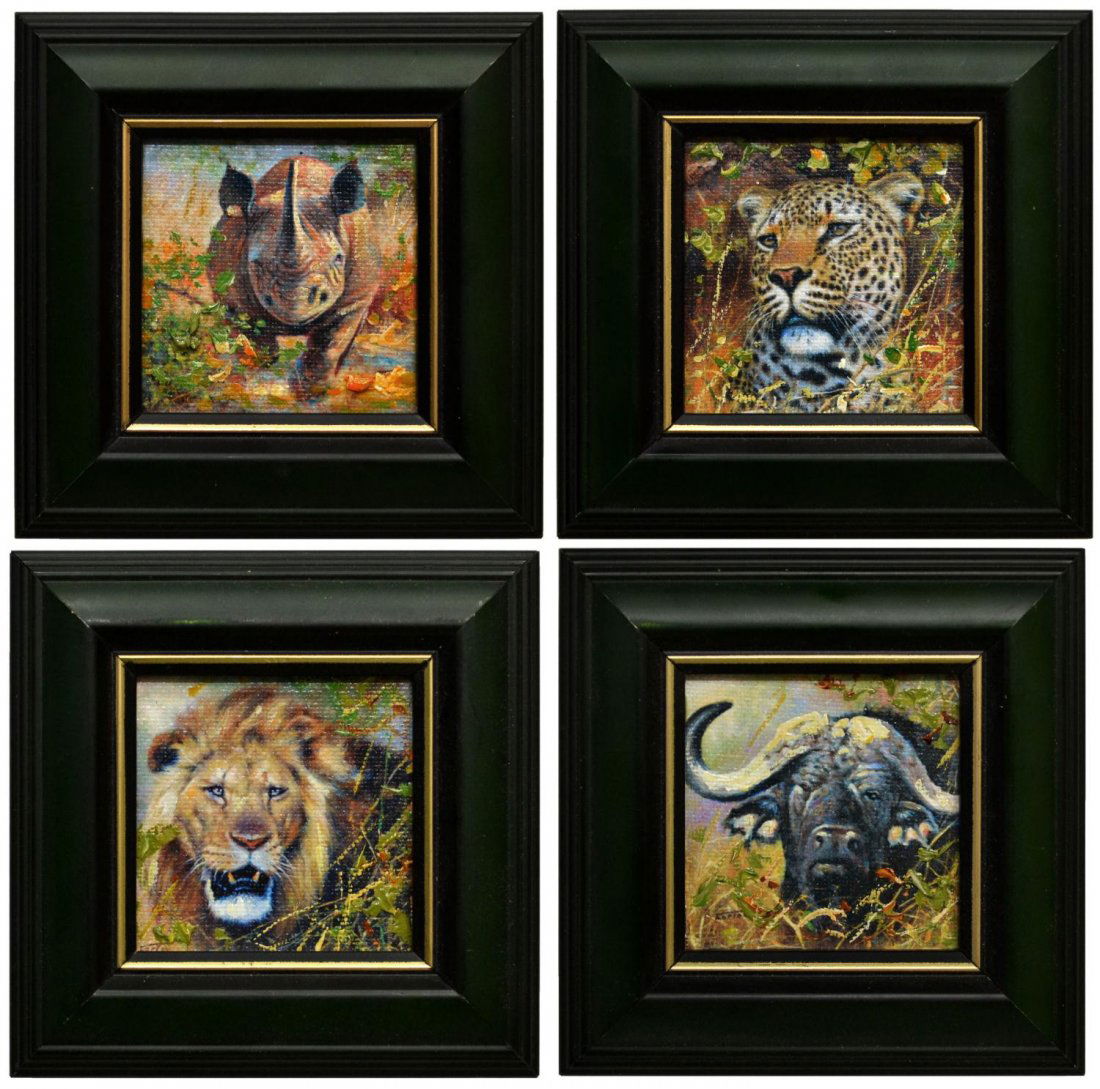 4-MINIATURE PAINTING, AFRICA WILDLIFE, ERIC FORLEE: (lot of 4) Framed miniature oil paintings on boards, African Wildlife, by Eric Forlee (China, Africa, United States, b. 1949), two signed lower left, sight: 2.75"h, 2.75"w, overall: 5"h, 4.75"w, 1lb t
