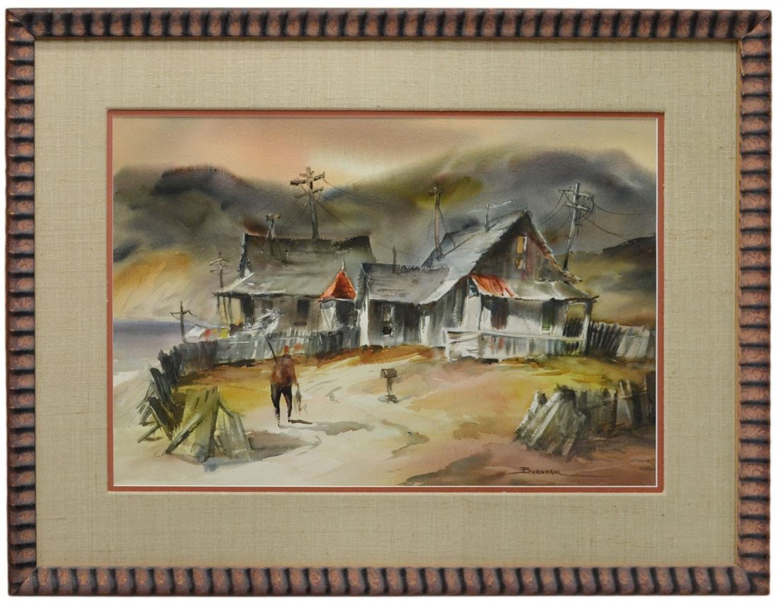 LARGE WATERCOLOR, WATERSIDE SHACK, JANE BURNHAM: Large framed watercolor, a waterside shack, signed Burnham (Jane Burnham, American, 20th c.), sight: 19.25"h, 29.25"w, overall: 31"h, 40"w, 14.25lbs **Provenance: the estate of Maxwell David Gordon (A