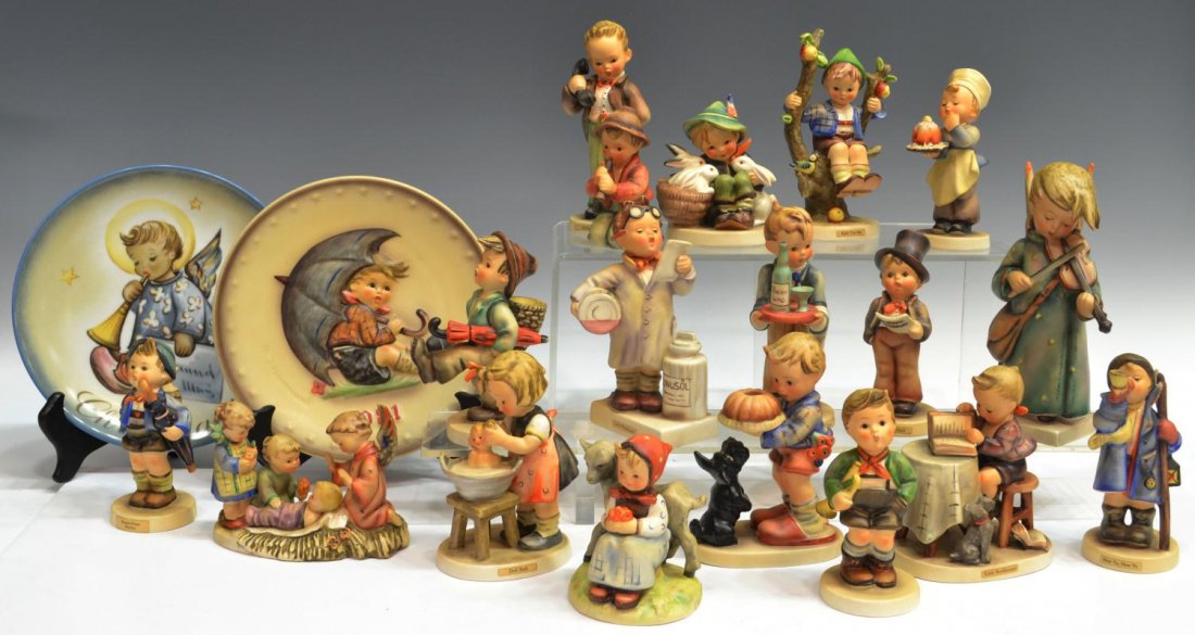 (20) EXTENSIVE COLLECTION OF HUMMEL FIGURINES: (lot of 20) Large collection of Hummel figurines and plates, comprising: (1) 'Celestial Musician', #188, Three Line mark (TMK-4), 7"h; (1) 'Little Tooter', #214/H, Three Line mark (TMK-4), 4"h; (1) 'A