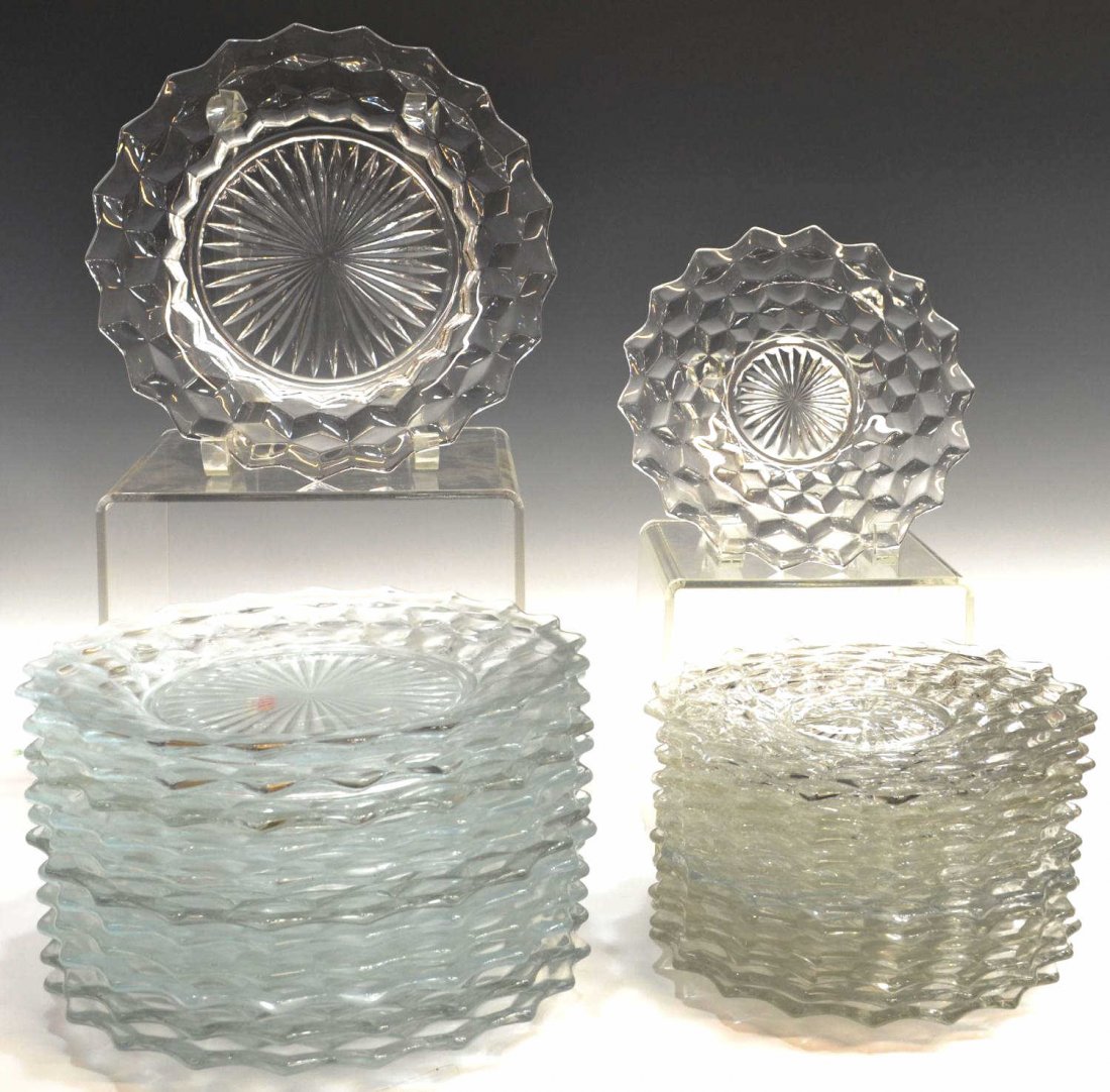 (25) FOSTORIA 'AMERICAN' DINNER & SALAD PLATES: (lot of 25) Huge collection of Fostoria 'American' pattern service plates, comprising: (12) dinner plates, one plate having roughness to foot, 9.5"diam; (13) salad plates, 7.75"diam; 35lbs total Start