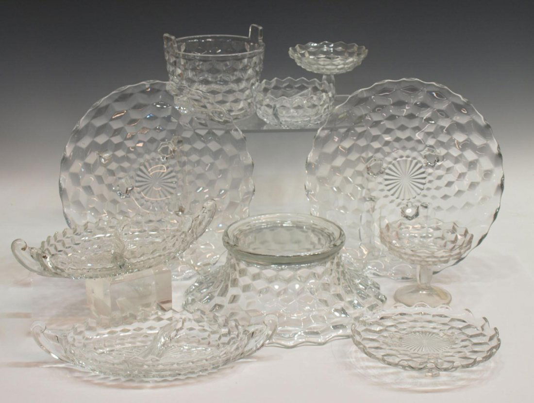 (10) FOSTORIA 'AMERICAN' SERVICEWARE, JELLY, ICE: (lot of 10) Huge collection of Fostoria 'American' tableware: (2) flared jelly compotes, each on short stem, slightly varied size, one: 4"h, 5"diam; (1) ice bucket, 5.5"h, 6.75"w; (1) punch bowl pedes