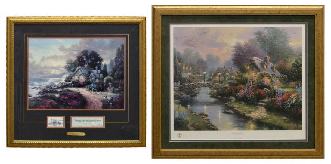 (2) FRAMED LIMITED EDITION PRINTS, THOMAS KINKADE: (2) Framed limited editions prints by Thomas Kinkade (California, 1958-2012): (1) "Lamplight Bridge, Lamplight Lane V", #783 of 2850, print and ink signed lower right, sight: 17.5'h, 21"w, overall: 23