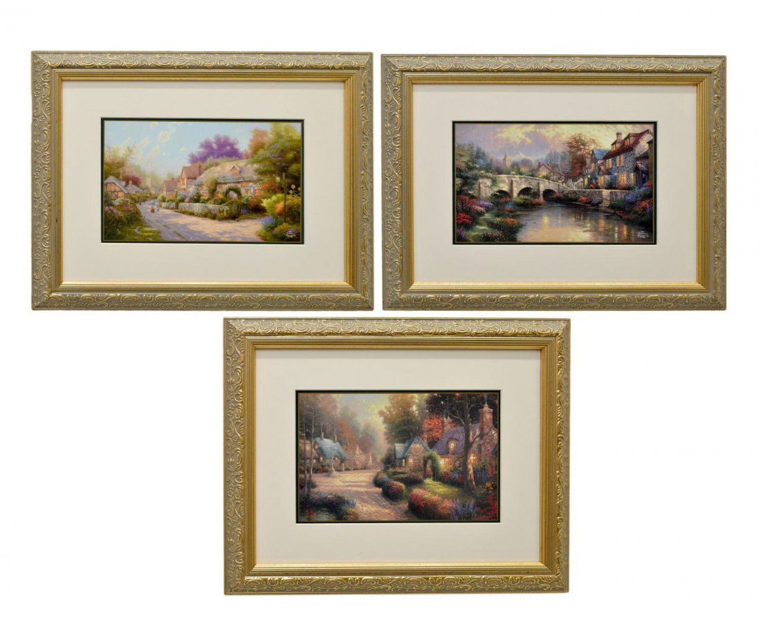 (3) FRAMED THOMAS KINKADE COBBLESTONE PRINTS: (lot of 3) Framed prints by Thomas Kinkade (California, 1958-2012): (1) "Cobblestone Brooke", sight: 7"h, 11.25"w, overall: 15"h, 19"w; (1) "Cobblestone Lane I", sight: 7"h, 11.25"w, overall: 15"h, 19