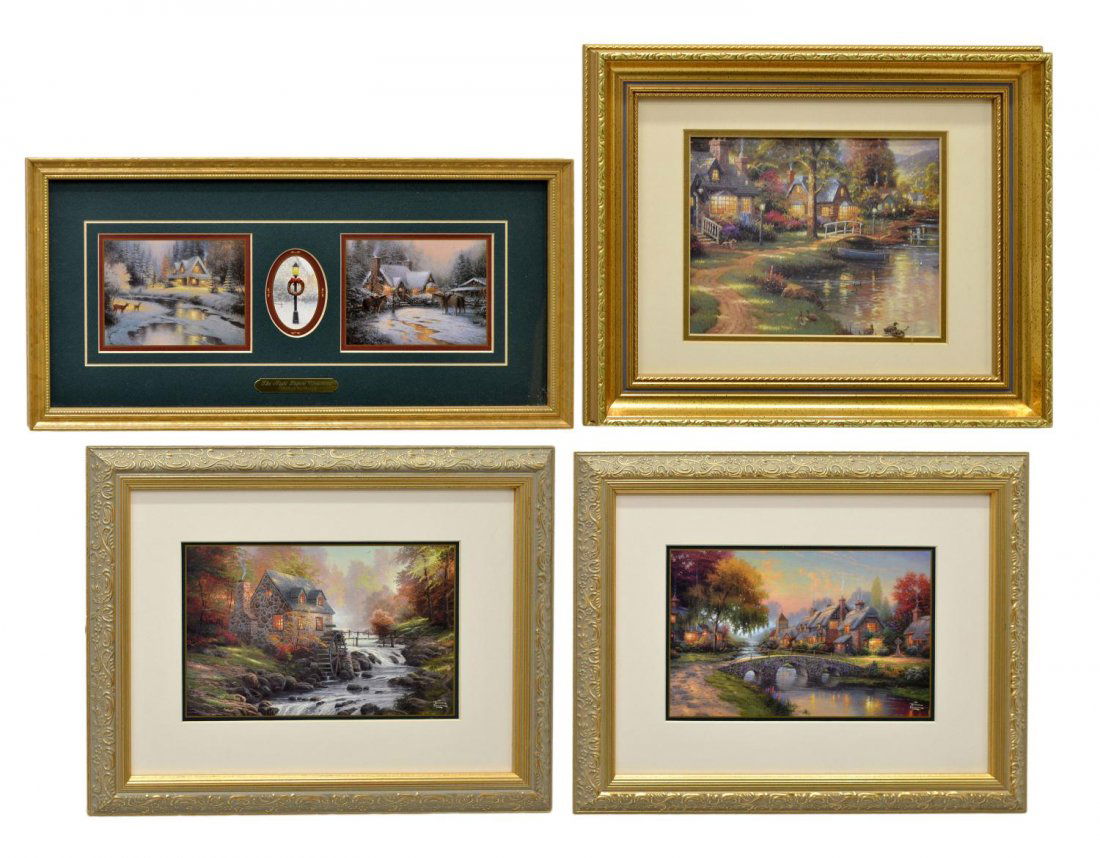(4) THOMAS KINKADE PRINTS, COBBLESTONE & CHRISTMAS: (lot of 4) Framed prints by Thomas Kinkade (California, 1958-2012): (1) "Cobblestone Mill", sight: 7"h, 11.25"w, overall: 15"h, 19"w; (1) "Cobblestone Bridge", sight: 7"h, 11.25"w, overall: 15"h, 19"w