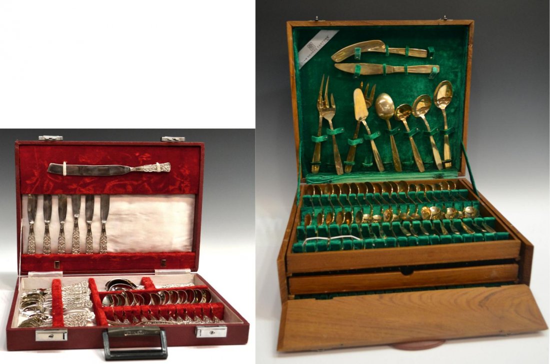 THAI BRONZE & PAKISTANI SILVER PLATE FLATWARE SETS: (lot of 188) Two sets of boxed vintage flatware, including: (set of 144) Extensive Siam Bronze Factory brass flatware service, the case fitted with three removable trays, including service items, fork