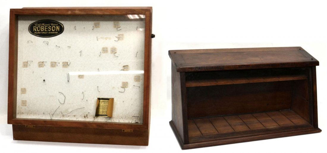 (2) KNIFE DISPLAY CASES, ROBESON & CATTARAUGUS: (lot of 2) Counter top knife display cabinets: (1) Robeson wood knife display cabinet, the glass front with wire for securing knife samples, a push button at one side opens to a shelved storage area,