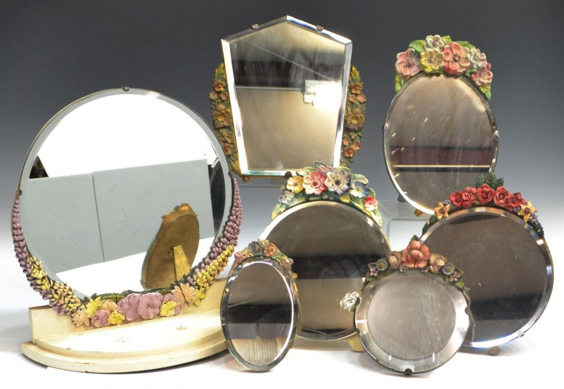 (7) COLLECTION FLORAL DECORATED BEVELED MIRRORS: (lot of 7) Collection of Barbola dressing table mirrors, England, floral carved wood and composition frames enclosing varied beveled mirrors, some wear/ loss with age, largest: 13.5"h, 16.5lbs total S