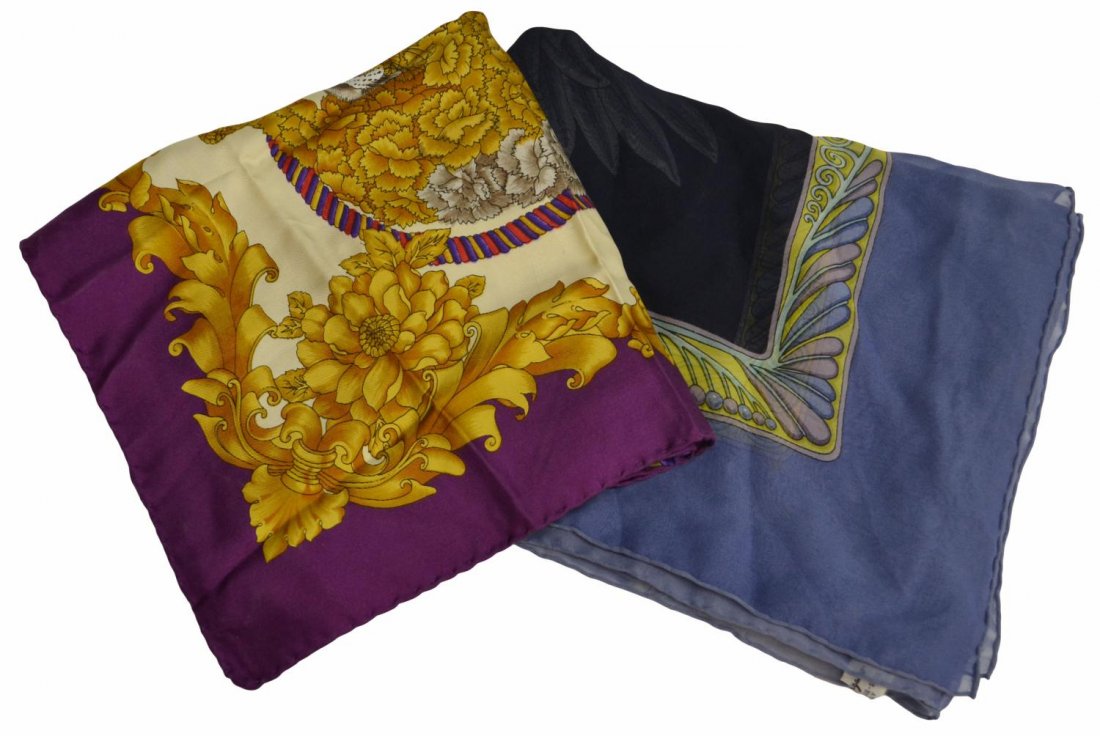 (2) VINTAGE SAVATORE FERRAGAMO SILK SHAWL SCARVES: (lot of 2) Vintage Italian silk scarves, Salvatore Ferragamo (1) the largest possibly a shawl in a deep blue, lavender and green foliate motif, approx 51.5"h, 52"w ; (1) lined with purple and decorate