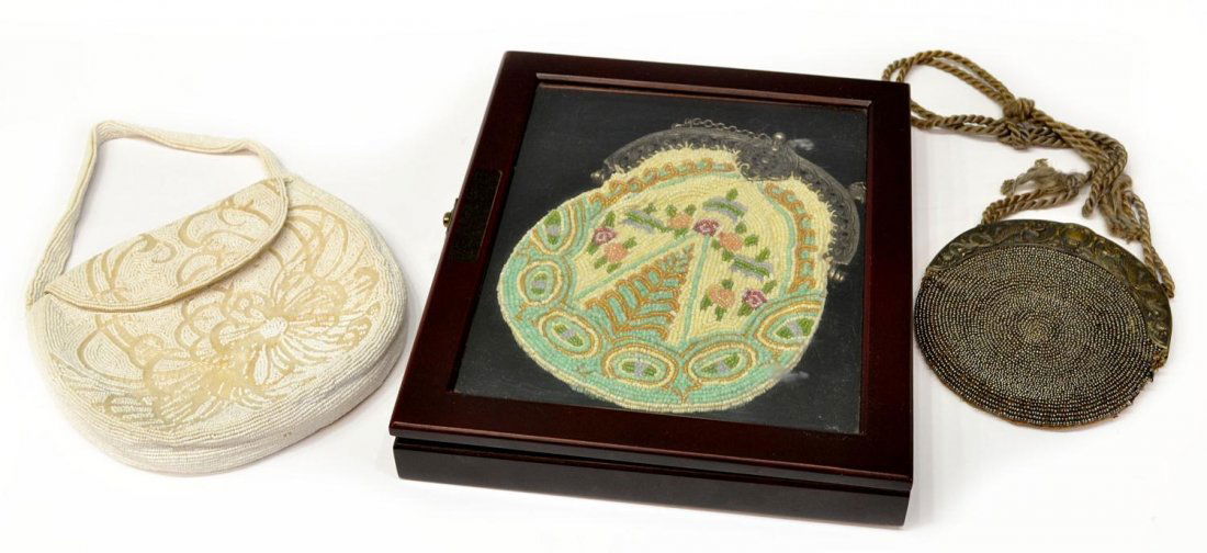 (3) COLLECTION OF VINTAGE BEADED PURSES: (lot of 3) Vintage beaded purse group, including: (1) ornate multi-color beaded purse, tagged 'Christiana,, pure silk, floral design in cream, green, irredescent pinks and gold tones, pierced frame wi