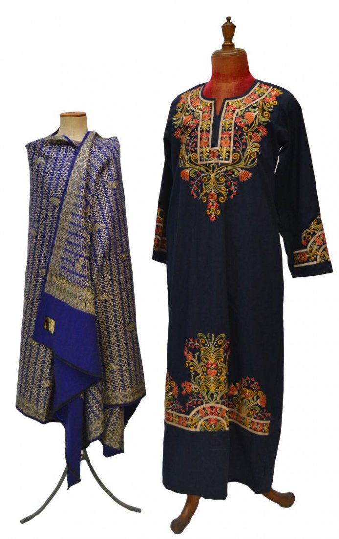EMBROIDERED CAFTAN & SILVER GILT THREAD TEXTILE: (lot of 2) A textile in deep blue with silver gilt thread, India, retaining tag, approx 37"w, 80"l; together with an embroidered caftan, multi-color floral motif on a dark blue ground, size M; 2.5lbs 