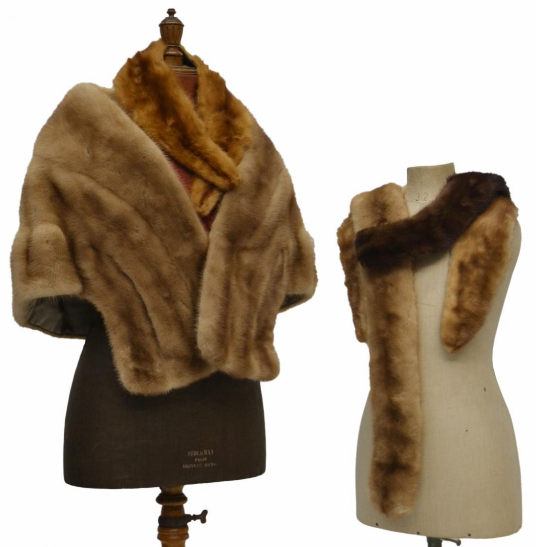 (5) VINTAGE KOSLOWS MINK WRAP & FUR COLLARS: (lot of 5) Vintage Koslows mink wrap, nice coloring, personalized with embroidery, and (4) fur collars of varied size and color, wrap approx: 19"w (shoulders), 23"l, largest collar: 35"l, 3.75lbs tota