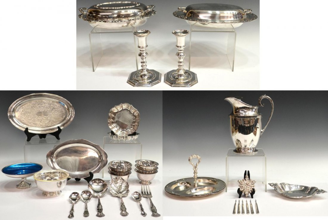 (32) HUGE COLLECTION SILVER PLATE SERVICEWARE: (lot of 32) Collection of assorted silver plate serviceware, including: lidded dishes, water pitcher, bowls, monogramed grape flatware, nut picks etc., in various makers include, New Amsterdam Silver 