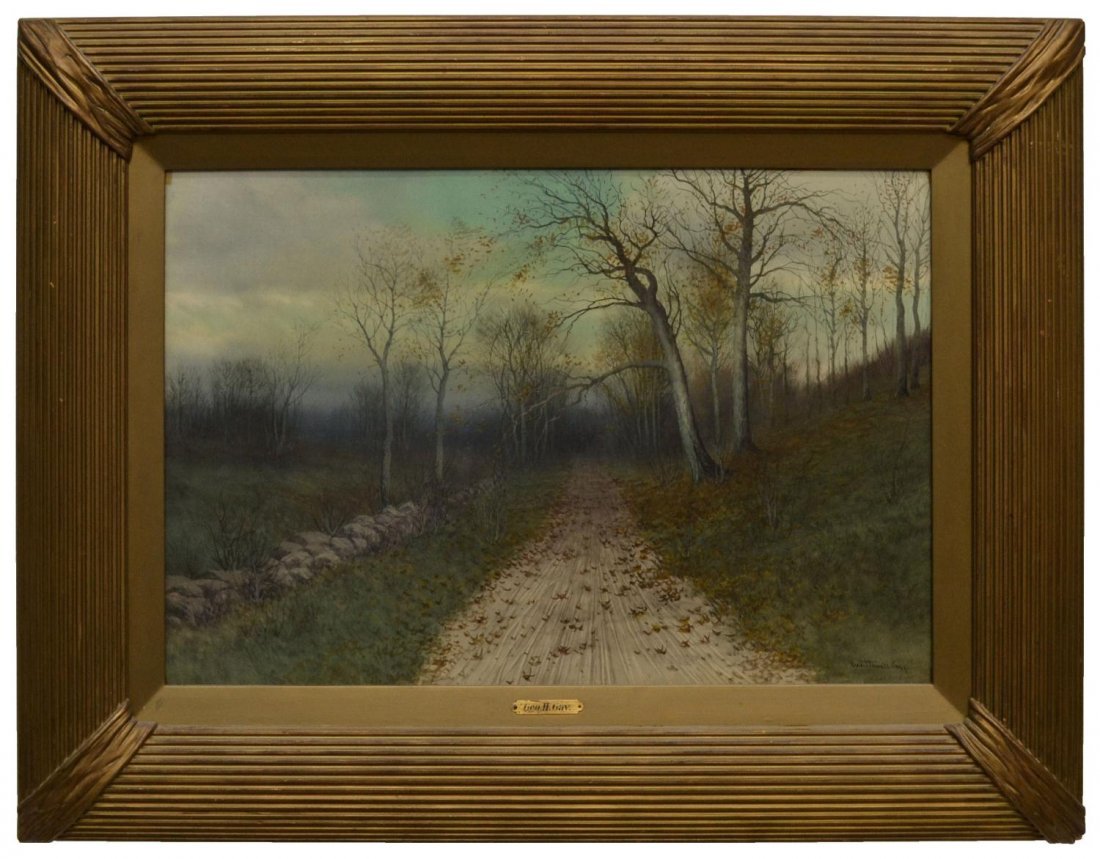 PAINTING WINTER SCENE, GEORGE HOWELL GAY 1851-1938: Framed watercolor on paper under glass, Winter Leaves Along a Country Lane, signed lower right G. Howell Gay (George Howell Gay, American, 1851-1938, sight: 17.5"h, 27.25"w, overall: 28.25'h, 38"w, 16