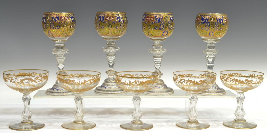 (9) FINE ANTIQUE BOHEMIAN GILDED GOBLETS: (lot of 9) Collection of exquisite Bohemian stemware, two groups, comprising: (4) goblets in the manner of Fritz Heckert, each bowl heavily gilded and polychromed, white raised enamel accents, knoped 