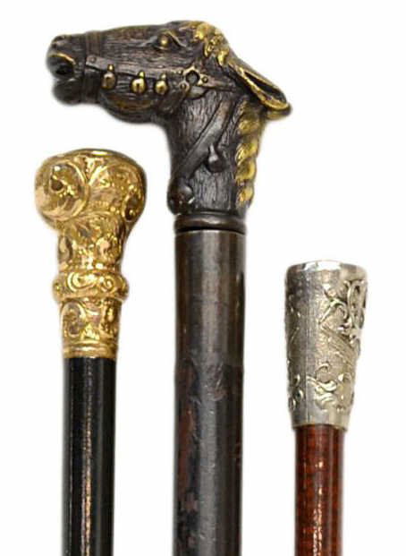 (3) SELECTION OF VINTAGE WALKING CANES: (lot of 3) Vintage walking cane group: (1) presentation cane having repousse gold plated handle decorated with scrolling tendrils, engraved '1871 G.G.W. March 1921', marked 'S.B. & L Gold roll plate',