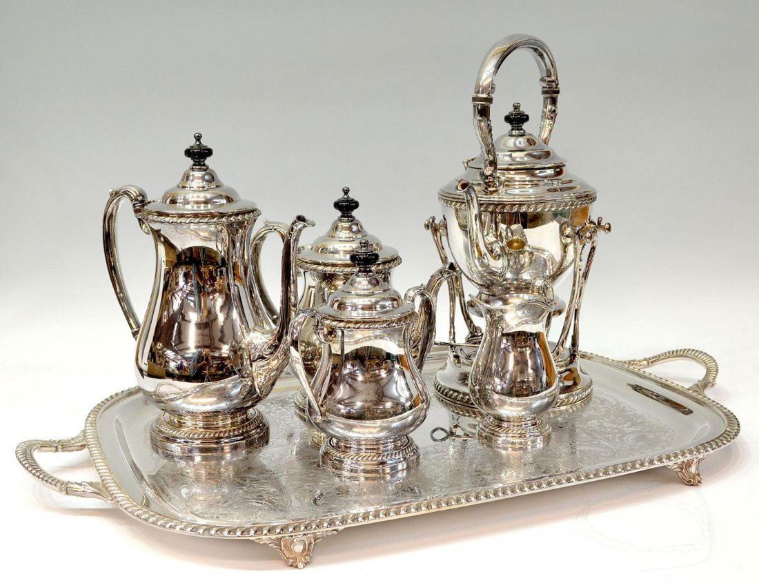 (6) FRIEDMAN SILVER COMPANY COFFEE / TEA SERVICE: (lot of 6) American silver plate tea and coffee service, Friedman Silver Company, Brooklyn, the set having gadrooned borders, comprising: (1) tilting kettle, 14"h, (1) coffee pot, 11"h, (1) tea kettle