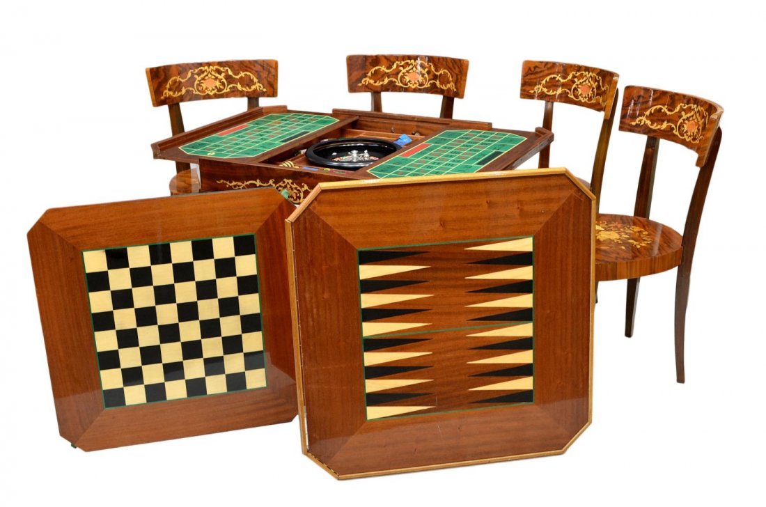 ITALIAN INLAID FITTED GAME TABLE SET, FOUR CHAIRS: (lot of 5) Italian fitted game table set, 20th c, foliate and floral marquetry inlaid top lifting to reveal a felt top card surface, games and boards including checkers, chess, backgammon, roulette wi