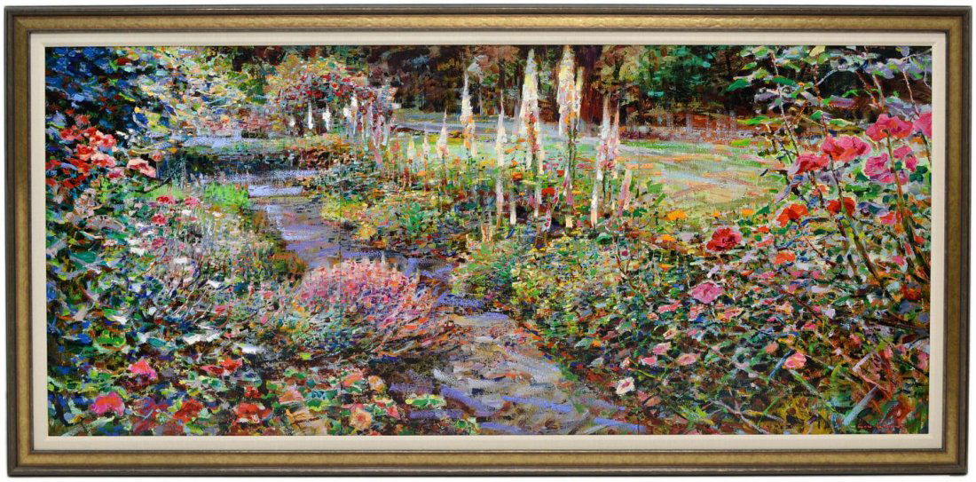 HANDPAINTED GICLEE LAU CHUN (CHINA,U.S. B. 1942): Framed hand painted giclee print on canvas, a limited edition, three panels, Floral Garden Mural, hand embellished by the artist and signed lower right Lau Chun (China, United States, b. 1942), number