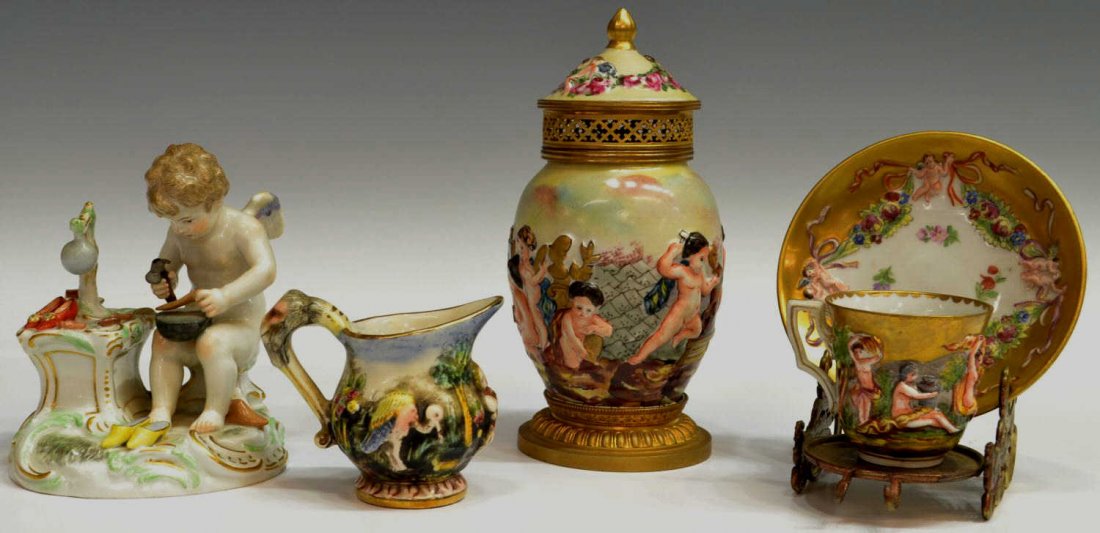 (6) CAPO DE MONTE & MEISSEN STYLE PORCELAIN: (lot of 6) Porcelain items: (1) Winged putto cobbler bearing an apocryphal Meissen mark at back, incised under foot "O166 62", damage, 5"h, 4"w, 4"d; (1) Capo de Monte lidded urn form with relief figu