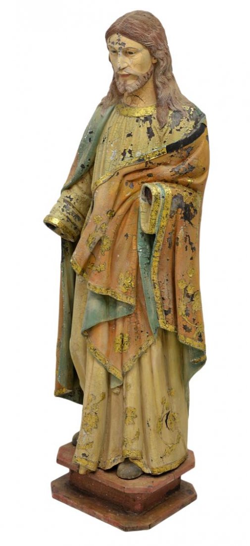 ANTIQUE CARVED RELIGIOUS SCULPTURE, CHRIST: Antique French Colonial carved wood polychrome religious statue, a depiction of Jesus, glass faced eyes, paint and gilt remnants, both hands missing, 45"h, 17"w, 12"d (8A207FF) Start Price: $200.00