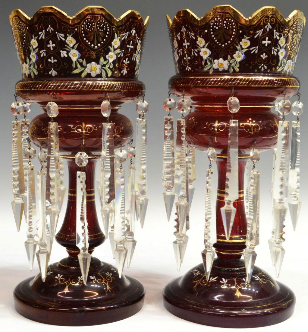 647 (PAIR) VICTORIAN RUBY RED LUSTERS, 14.5"H