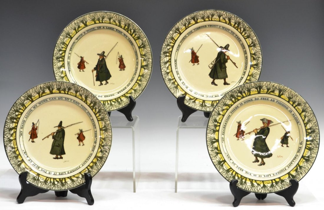 ROYAL DOULTON ISAAC WALTON SERIES WARE, FISHERMAN: (lot of 4) Royal Doulton, Isaac Walton Ware, each having willow tree border on a cream ground and bearing two quotations, central assorted scenes of various characters with fishing poles, marks as pic