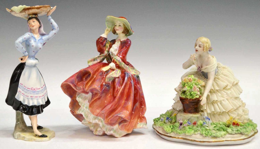 (3) LUIS FABRIS, ROYAL DOULTON PORCELAIN BEAUTIES: (lot of 3) Collection of porcelain beauties, comprising: (1) Royal Doulton 'Top O' the Hill', woman in red with floral scarf caught in a gust of wind, HN 1834, 7.25"h; (1) Portugal, a young peasant gi
