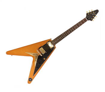 EPIPHONE EXCLUSIVE 1958 KORINA FLYING V ELECTRIC: Epiphone exclusive Korean Flying V electric guitar with a Korina body and a Korina neck. It is also equipped with an Indian laurel fretboard and gold hardware. Gibson Burstbucker 2 and Burstbucker 3