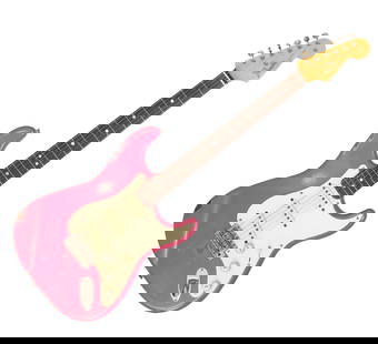 FENDER STRATOCASTER 'PARTSCASTER' PINK: Partcaster electric guitar, genuine Fender American Vintage rosewood neck, genuine Fender Vintage Road Worn tuners, Genuine Fender body in worn pink finish, Road worn Fender bridge, Seymour Duncan Ant