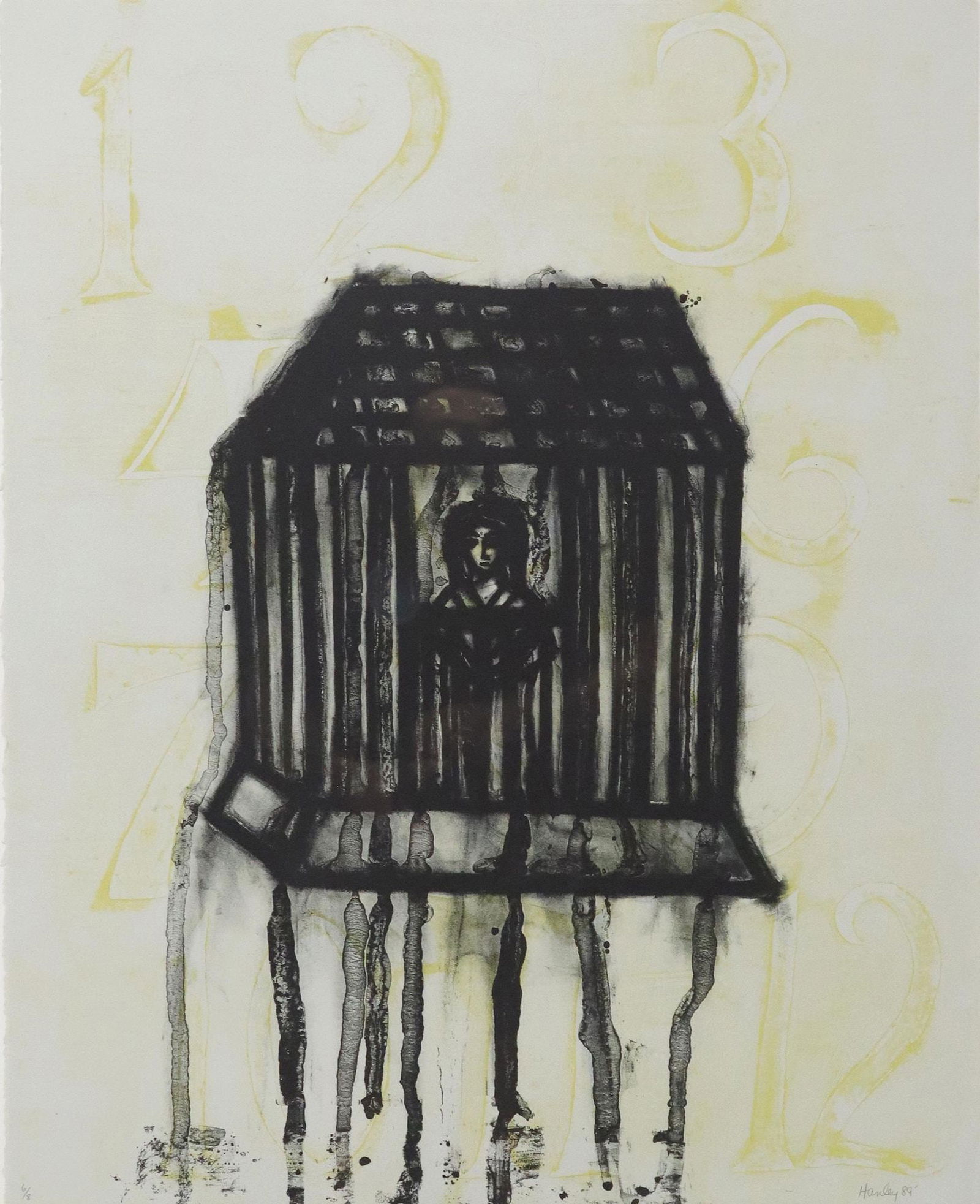 JACK HANLEY (20TH C.) LITHOGRAPH CAGED FIGURE (1 of 4)