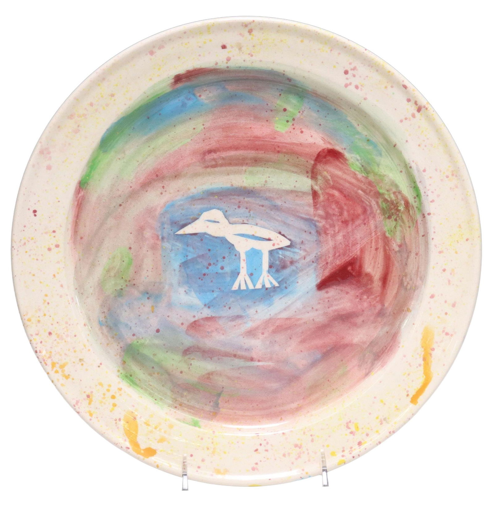 DICK WRAY (TX 1933-2011) ART POTTERY CHARGER, 1986: Modern art pottery presentation charger, signed Dick Wray (Texas,1933-2011), dated [19]86, polychrome glaze with splattered pattern along trim, figure of a bird at center, personalized presentation un