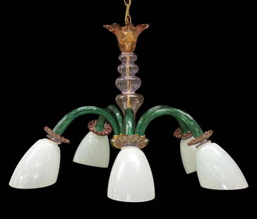 MODERN ART GLASS FIVE-LIGHT CHANDELIER: Modern art glass five-light chandelier, 20th c., having turned-form standard, issuing green stems, terminating in floriform bobeches, further ending in mottled blue shades, in need of wiring, shades s