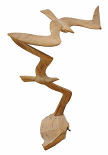 KARL LARSEN (20TH C.) CARVED WOOD SEA GULLS, 39"H: Large carved wood sculpture, Sea Gulls, attributed by consigner to Karl Larsen (American, 20th c.), rising on naturalistic base, approx 39"h, 35"w, 26"d **Provenance: The family of Alfred A. King (Tex