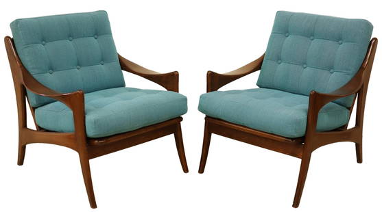 (2) DUTCH MID-CENTURY MODERN LOUNGE CHAIRS: (pair) Dutch mid-century modern lounge chairs, attributed to De Ster Gelderland, c.1950s, sculptural arms, loose button-tufted cushions in recent Kvadrat upholstery, on angled legs, approx 28"h, 28.5"