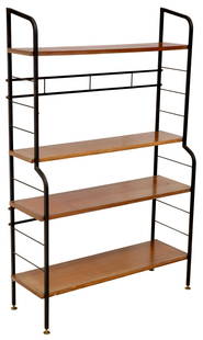 ITALIAN MID-CENTURY MODERN TEAK BOOKCASE: Italian mid-century modern teak bookcase, c.1960s, fitted with four shelves of varied depths, on black steel supports, rising on brass feet, approx 55 1/8"h, 35"w, 12.25"d Start Price: $200.00