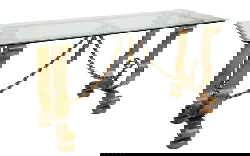 ARTURO PANI (ATTR.) MID-CENTURY MODERN TABLE BASE: Mid-century modern iron and glass console table, in a gilt finish, attributed to architect Arturo Pani (Mexico, 1915-1981), c.1950s, later beveled glass top, scrolled frame, joined with rope twist cen